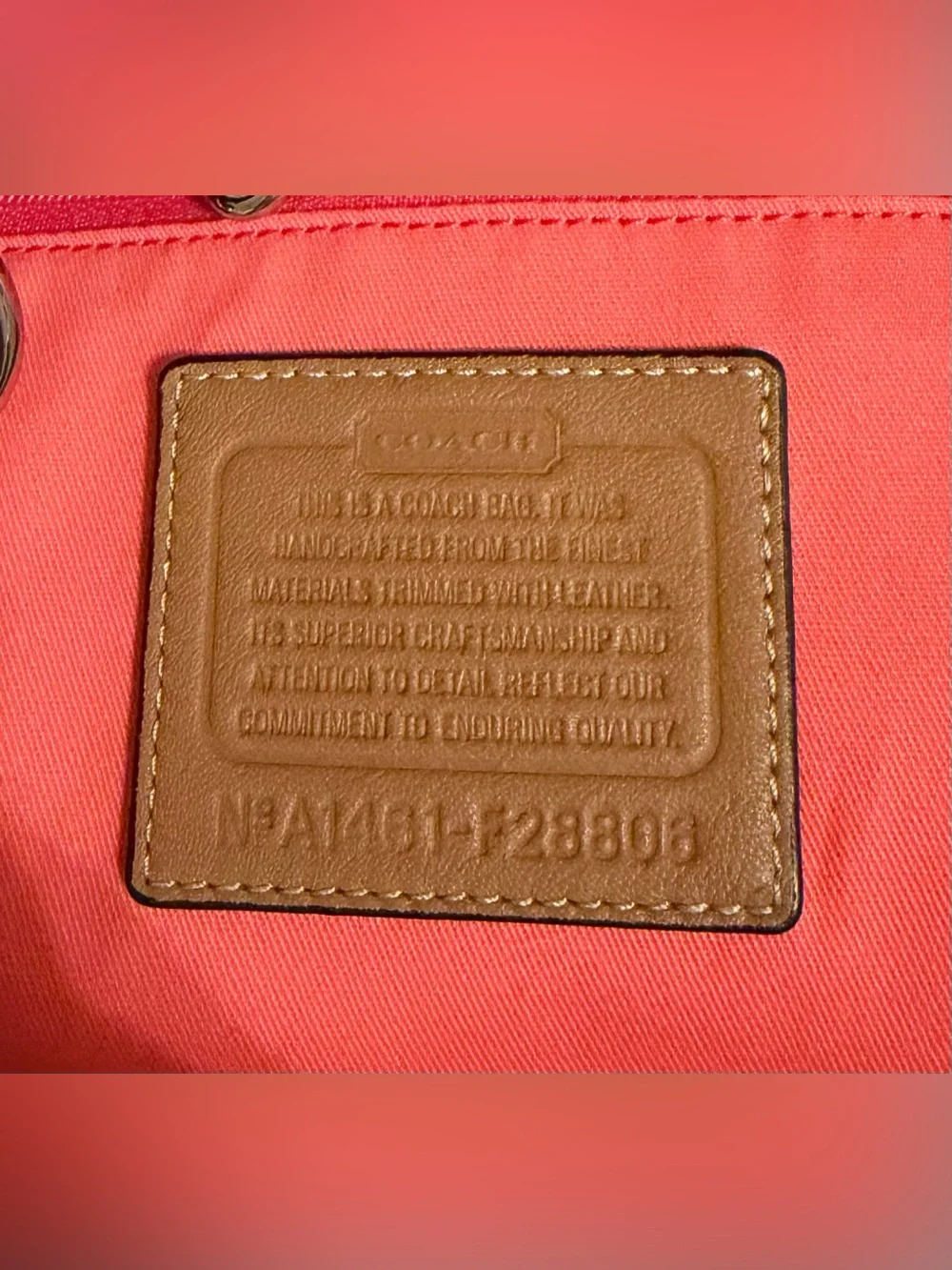 Coach Cream and Coral Stripe Canvas Tote with Tan Leather Trim